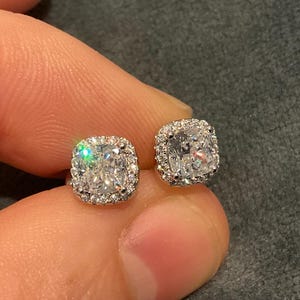 Lab Created Diamond Halo Earrings: 2.44 ct Cushion Cut, Sterling Silver