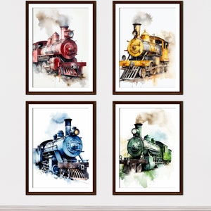 Unleash the Imagination of Young Adventurers with Vibrant Steam Engines Watercolor Digital Set - A Must-Have for Dynamic Train-Themed Spaces
