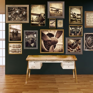 vintage Aviation Wall Art Prints - Ensemble de 40 impressions numériques pour mur de galerie - Tons terreux - Mix & Match pour une décoration intérieure éclectique