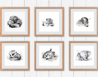 Safari Water Color Animal Set of Six, Black and White Nursery Art, Playroom Decor, Classroom Art, or Childs Room Decoration