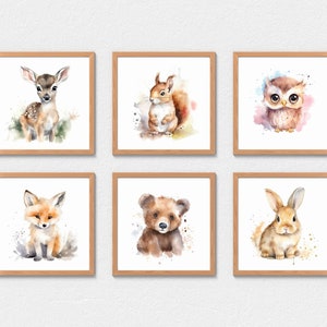 Set of 6 Watercolor Baby Woodland Animals Digital Prints for Nursery Decor BONUS PRINT