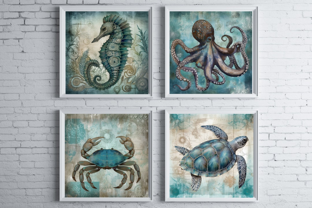 Set of 4 Ocean Bathroom Wall Art Prints Nautical Decor Beach Etsy