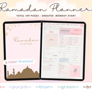 Könnte beinhalten: Ein digitaler Planer für Ramadan mit rosa Hintergrund und goldenen Akzenten. Der Planer umfasst 109 Seiten und beinhaltet einen Kalender, einen Tagesplan und Platz für Notizen. Der Planer ist in fünf Farbthemen erhältlich: rosa, lila, blau, grün und braun.