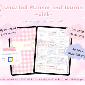 以下が含まれることがあります： 「Undated Planner and Journal ~pink~」のテキストが入った、ピンク色のデジタル版日付なしプランナーとジャーナル。プランナーには、ハイパーリンク付きの日刊ジャーナル、5000枚のステッカー、40,000以上のハイパーリンクが含まれています。画像には2026年も表示されています。