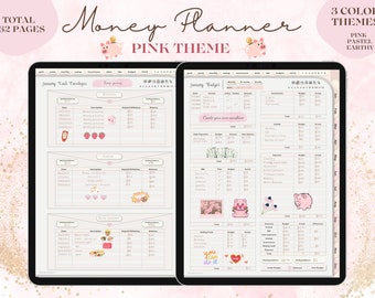 May include: A digital planner with a pink theme. The planner includes sections for budgeting, cash envelopes, and monthly expenses. The planner has a total of 362 pages. The planner is displayed on a tablet.