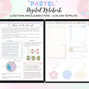 Puede incluir: Un cuaderno digital con un esquema de color pastel. El cuaderno tiene 225 secciones y 15 subsecciones. La portada presenta un título que dice "Cuaderno digital Pastel" y un libro de pegatinas gratis con pegatinas de colores. El cuaderno incluye una página con un diagrama que explica las fases del ciclo celular.