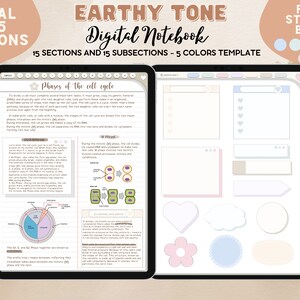 May include: Digital notebook with an earthy tone theme. The notebook includes 225 sections, 15 sections and 15 subsections, and a 5-colour template. The image also includes a free sticker book.