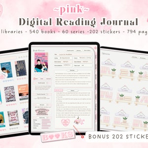 Diario di lettura digitale rosa - Recensione del libro rosa, Diario di lettura carino, Diario degli amanti dei libri rosa, Tracker di lettura, Registro di lettura, Tracker di libri
