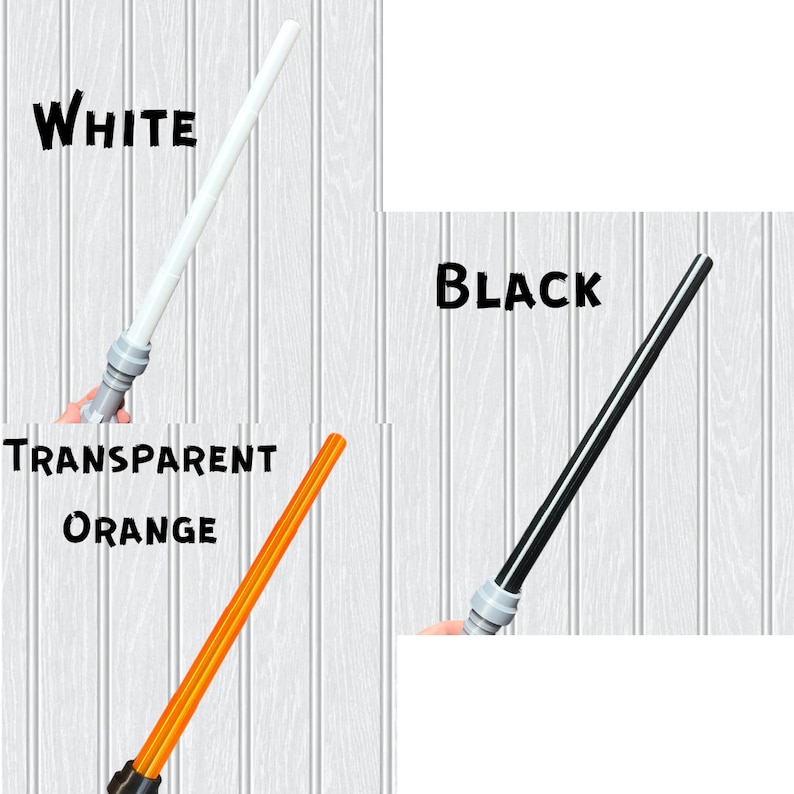 Puede incluir: Tres mangos de sable de luz en diferentes colores: blanco, negro y naranja transparente. Los mangos son de pl&aacute;stico y tienen un dise&ntilde;o sencillo.