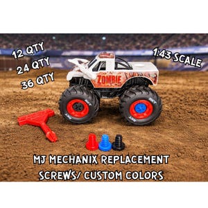 May include: A white and red "Zombie" monster truck toy with black tires and red and blue accents. The image includes a red tool and replacement screws in red, blue, and black. Text reads "MJ MECHANIX REPLACEMENT SCREWS/ CUSTOM COLORS" and "1:43 SCALE".