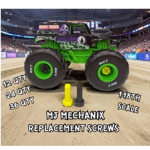 May include: A black and green Grave Digger monster truck toy with large black tires and green rims. The image includes yellow and black replacement screws and text that reads "MJ MECHANIX REPLACEMENT SCREWS" and "1:18TH SCALE".