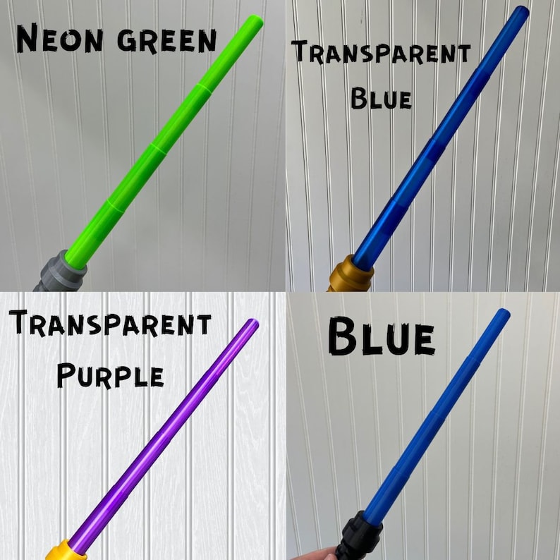 Puede incluir: Cuatro juguetes de sable de luz en diferentes colores: verde ne&oacute;n, azul transparente, morado transparente y azul. Los sables de luz son todos del mismo tama&ntilde;o y forma, con un mango negro y una hoja larga y delgada.