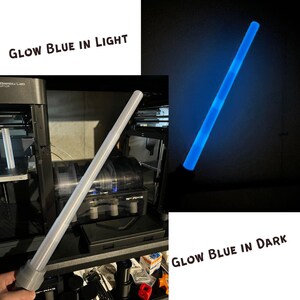 Transparent in light, glows blue in the dark!