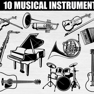 10 Bundle Musical Instruments Svg, Violin svg, guitar svg, music svg, drum set svg, grand piano svg