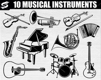 Lot de 10 instruments de musique Svg, violon svg, svg guitare, musique svg, svg batterie, piano à queue svg