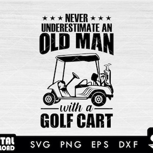Stary człowiek z wózkiem golfowym 2 svg, wózek golfowy png, clipart wózka golfowego, golf svg, golfing svg, dla miłośników wózków golfowych