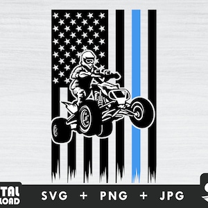 Puede incluir: Silueta en blanco y negro de una persona conduciendo un ATV frente a una bandera estadounidense con una franja azul.