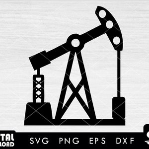 May include: Black silhouette of an oil derrick or pump jack, a common symbol of the oil and gas industry.