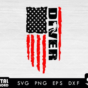 Puede incluir: Un diseño de bandera estadounidense desgastado con la palabra "DIVER" en texto negro y una silueta de un buceador en el centro.