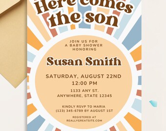 May include: Baby shower invitation with the text "Here comes the son" in a retro design. The invitation includes the honoree's name, date, time, and location. The invitation is surrounded by balloons, confetti, and an envelope.