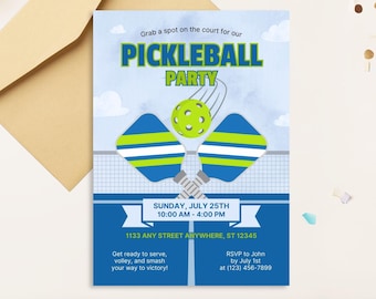 May include: A blue and green pickleball invitation with a blue and white net, two paddles, and a green ball. The text reads "Grab a spot on the court for our Pickleball Party", "Sunday, July 25th 10:00 AM - 4:00 PM", "1133 Any Street Anywhere, ST 12345", "Get ready to serve, volley, and smash your way to victory!" and "RSVP to John by July 1st at (123) 456-7899".