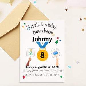Könnte beinhalten: Eine weiße Geburtstagseinladung mit bunten Sternen und einer goldenen Medaille mit der Zahl 8. Der Text lautet "Let the birthday games begin Johnny is 8. Sunday, August 11th at 1:00 PM. 1133 Any Street. Anywhere. State 12345. RSVP to Mary at (123) 456-7899."