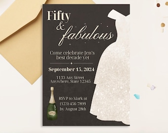 50th Birthday Invitation, Fifty and Fabulous, Editable Template (Digital)