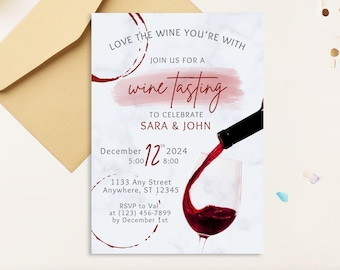Puede incluir: Una invitación blanca con una copa de vino tinto y una botella que vierte vino. La invitación dice "Love the wine you're with" y "Join us for a wine tasting to celebrate Sara & John" con la fecha y la hora del evento.