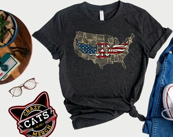 Distressed USA Map T-Shirt: American Flag Peace Sign, Veteran Gift