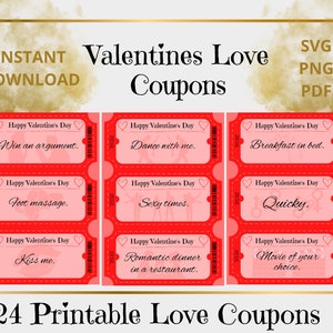 24 Fun Love Coupon Book,SVG PNG PDF Printable, Valentines Day Coupons, Love Coupons, Gift for him, Husband Gift, Gift for her, Love Vouchers