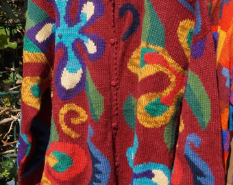 Vintage handgestrickte florale Strickjacke aus Alpakawolle| Bunter boho handgemachter Cardigan für sie| Hippie trendige Wolljacke Damen