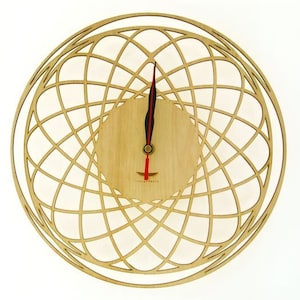 May include: A wooden wall clock with a geometric design. The clock face is a circle with a wood grain finish and a red second hand. The clock hands are black.