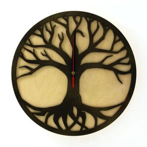 Baum-Lebensuhr, Holzuhr mit Baumleben-Dekor, Baum des Lebens-Uhr, Holz-Wanduhr, natürliche Uhr, Baum mit Wurzeln