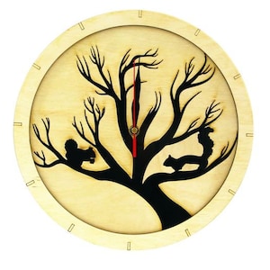 Wooden Wall Clock with Squirrels Clock Squirrel Silhouette Animal Wood Clock Wall Decoration with Squirrels on Tree Clock