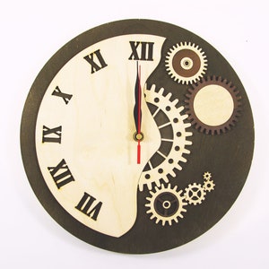 Wooden Modern Clock with Gears on the Clock Modern Wall Clock Two color Wooden Clock Bronze clock Wooden ornaments Clock