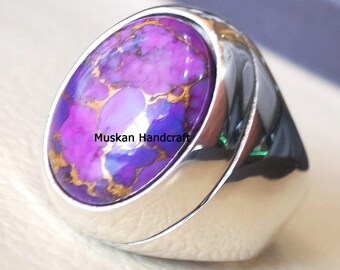 Purple Copper Turquoise Signet Ring | 925 Sterling Silver Vintage Handmade Jewelry