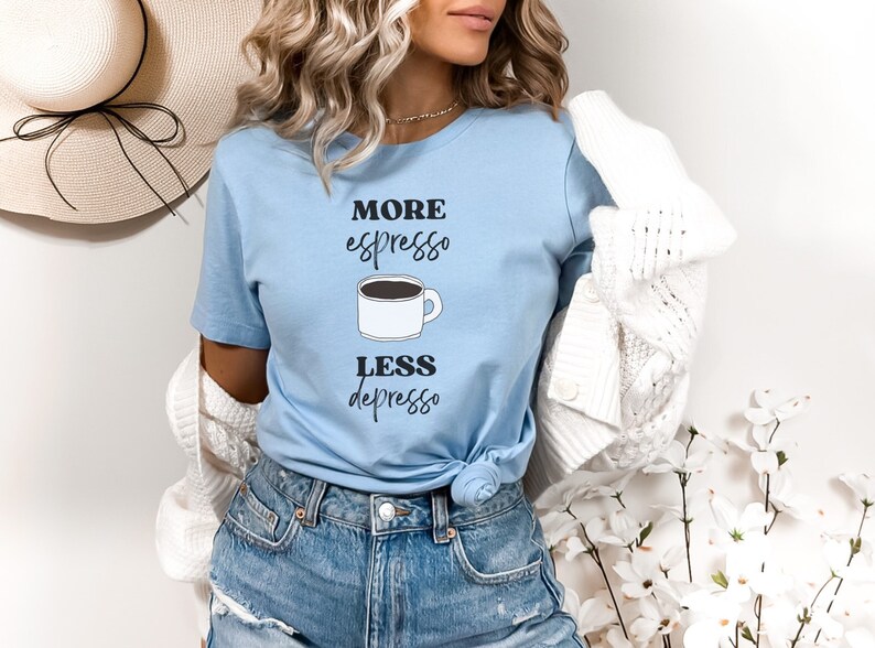 More Espresso Less Depresso Funny Coffee Shirt image 1