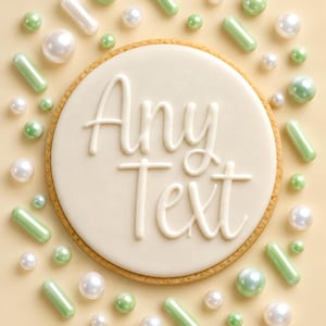 May include: A round sugar biscuit with smooth white icing featuring the raised white text Any Text. The biscuit is surrounded by a decorative border of small white and light green pearl-like sprinkles and elongated green sprinkles.