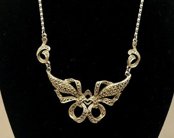 Vintage Art Deco style Silver Toned Openwork Statement Marcasite Necklace