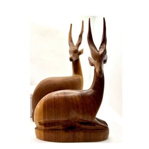 Vintage Pair of Teak Wooden Hand Carved Antelope / Gazelle / Deer Sculptures