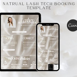 May include: A digital template for lash tech booking. The template features a beige background with a silky texture. The text "Lashes" is in a large, decorative font. The template includes sections for business hours, contact information, booking policies, and a call to action to follow on Instagram.