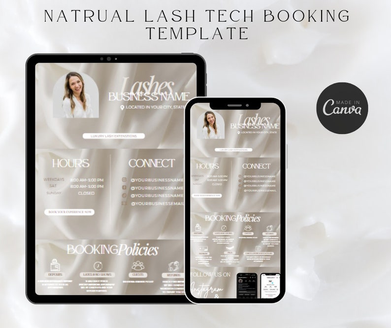 May include: A digital template for lash tech booking. The template features a beige background with a silky texture. The text "Lashes" is in a large, decorative font. The template includes sections for business hours, contact information, booking policies, and a call to action to follow on Instagram.