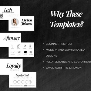Puede incluir: Un conjunto de cuatro tarjetas de visita imprimibles en blanco y negro para una t&eacute;cnica de pesta&ntilde;as. Las tarjetas incluyen una tarjeta de visita, una tarjeta de cuidados posteriores, una tarjeta de fidelizaci&oacute;n y una tarjeta de fidelizaci&oacute;n con una tarjeta perforada. El texto en las tarjetas incluye "Lash", "Your Business Name", "Madison Johnson", "Aftercare Instructions", "Loyalty Rewards", y "Loyalty Card".