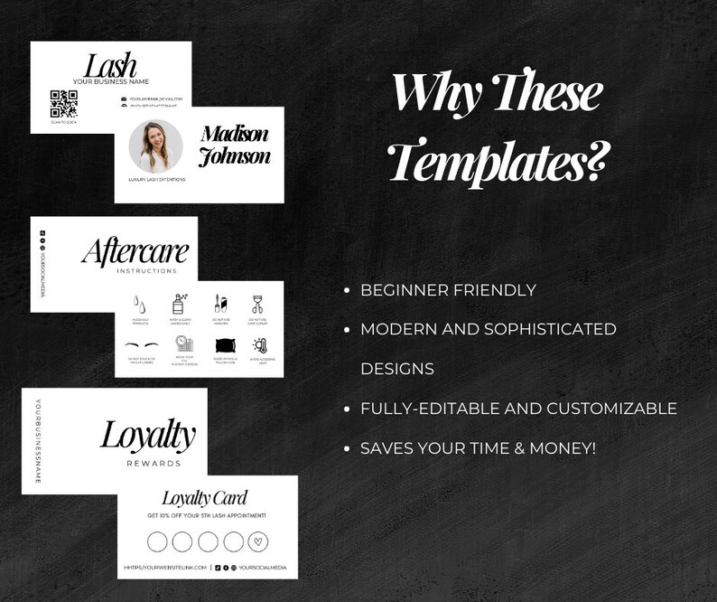 Puede incluir: Un conjunto de cuatro tarjetas de visita imprimibles en blanco y negro para una t&eacute;cnica de pesta&ntilde;as. Las tarjetas incluyen una tarjeta de visita, una tarjeta de cuidados posteriores, una tarjeta de fidelizaci&oacute;n y una tarjeta de fidelizaci&oacute;n con una tarjeta perforada. El texto en las tarjetas incluye "Lash", "Your Business Name", "Madison Johnson", "Aftercare Instructions", "Loyalty Rewards", y "Loyalty Card".