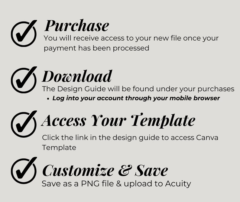 May include: A checklist with four steps for purchasing, downloading, accessing, and customising a template. The steps are illustrated with checkmarks and text. The text includes the words "Purchase", "Download", "Access Your Template", and "Customize & Save".