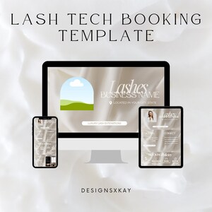 May include: A mockup of a website for a lash technician business. The website is displayed on a computer monitor, a tablet, and a smartphone. The website has a light background with a silk-like texture and features a logo with a green hill and a cloud. The text on the website reads "Lashes BUSINESS NAME" and "LUXURY LASH EXTENSIONS".
