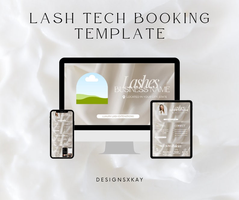 May include: A mockup of a website for a lash technician business. The website is displayed on a computer monitor, a tablet, and a smartphone. The website has a light background with a silk-like texture and features a logo with a green hill and a cloud. The text on the website reads "Lashes BUSINESS NAME" and "LUXURY LASH EXTENSIONS".