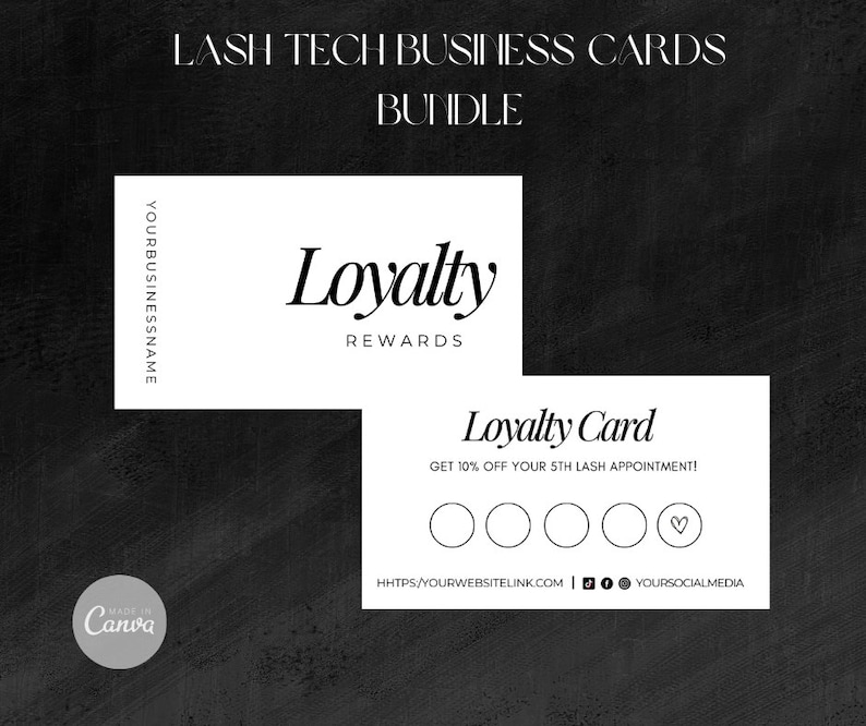 Puede incluir: Una tarjeta de fidelizaci&oacute;n blanca con el texto "Loyalty Card" y "Get 10% off your 5th lash appointment!" La tarjeta tiene cinco c&iacute;rculos y un coraz&oacute;n, con el texto "HHTPS/YOURWEBSITELINK.COM" y "YOURSOCIALMEDIA" en la parte inferior.