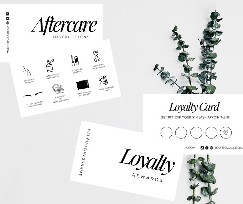 Puede incluir: Tarjeta de fidelizaci&oacute;n en blanco y negro con un icono de coraz&oacute;n y el texto "Loyalty Card" y "Get 10% off your 5th lash appointment!" La tarjeta tambi&eacute;n incluye el texto "IK.COM | YOURSOCIALMEDIA".