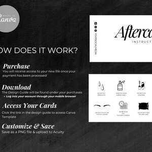 Puede incluir: Un gr&aacute;fico en blanco y negro con el t&iacute;tulo "&iquest;C&oacute;mo funciona?" y una lista de verificaci&oacute;n de cuatro pasos: Compra, Descarga, Accede a tus tarjetas y Personaliza y guarda. El gr&aacute;fico tambi&eacute;n incluye una secci&oacute;n titulada "Instrucciones de cuidado posterior" con una lista de iconos y texto que describe c&oacute;mo cuidar las pesta&ntilde;as.